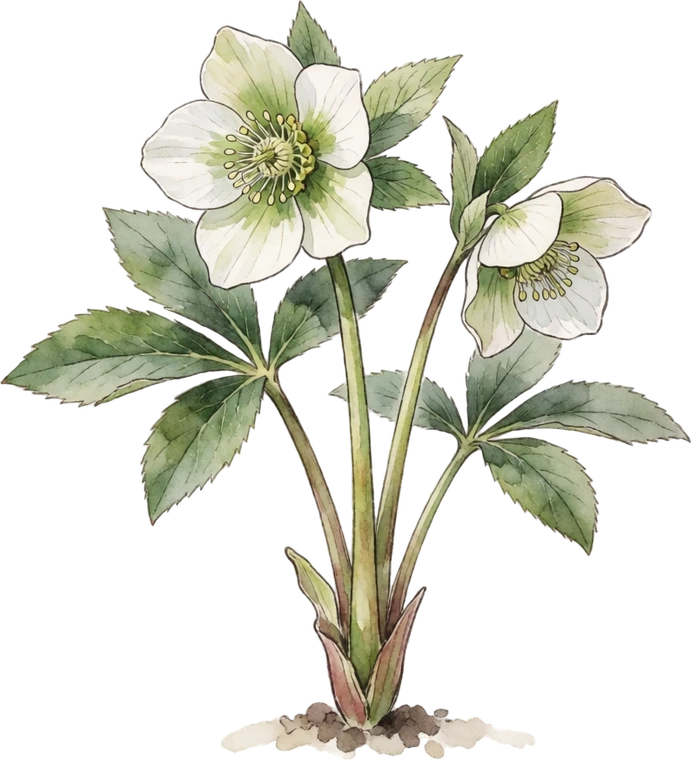 Botanical illustration of Hellebore (Lenten Rose)