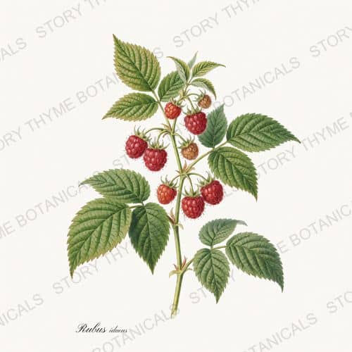 Raspberry — a print on a white ground, from the Berry Plants collection