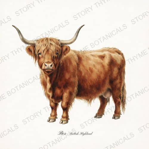 Scottish Highland Cow — Highland & Pasture print on a white ground