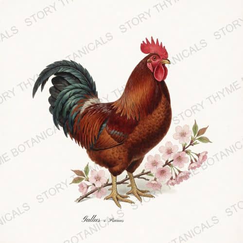 Rooster Cherry — Spring Blossom Roosters print on a white ground