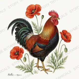 Rooster Poppies — a botanical print from the Cottage Garden Roosters Vol. 2 collection, on a white ground
